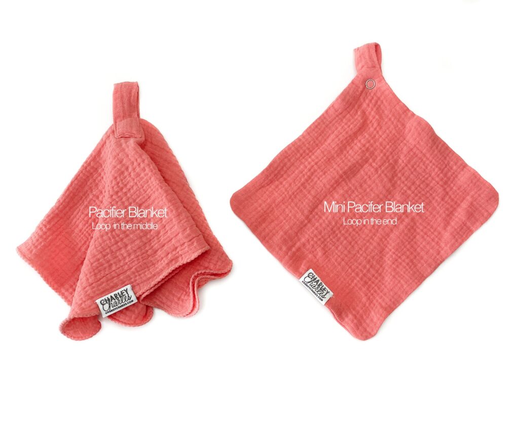 Coral colored pacifier blankets in two different styles